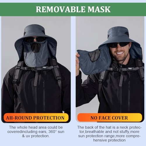GUSTAVE® Sun Hat Wide Brim Hiking UV Protection with Neck Flap Removable Face Cover Outdoor Unisex Chin Strap Breathable for Fishing Gardening Grey 3 PCS
