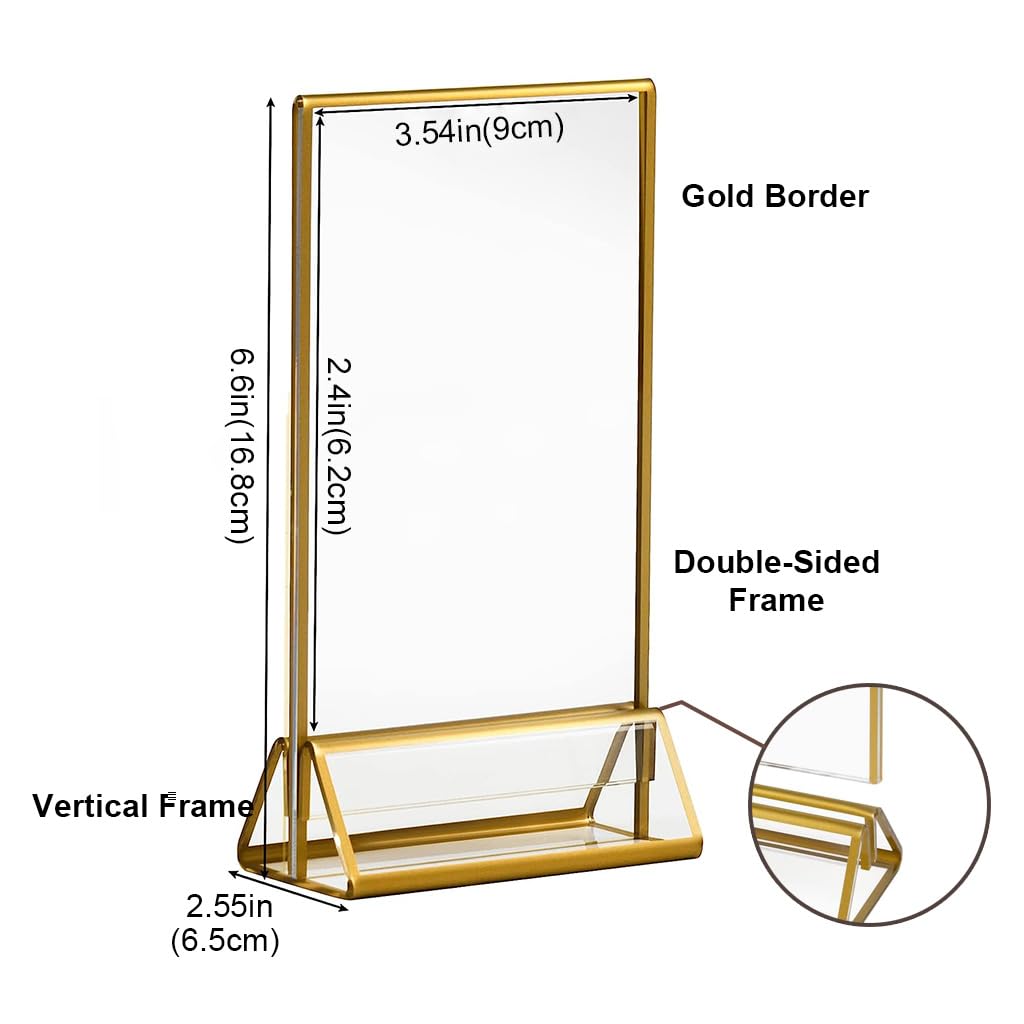 Climberty® 6Pcs Acrylic Gold Sign Holders, 4x6 inch Clear Picture Frames with Gold Borders and Vertical Stand, Double Sided Table Menu Display Stand for Restaurant Signs, Wedding Table and Photos