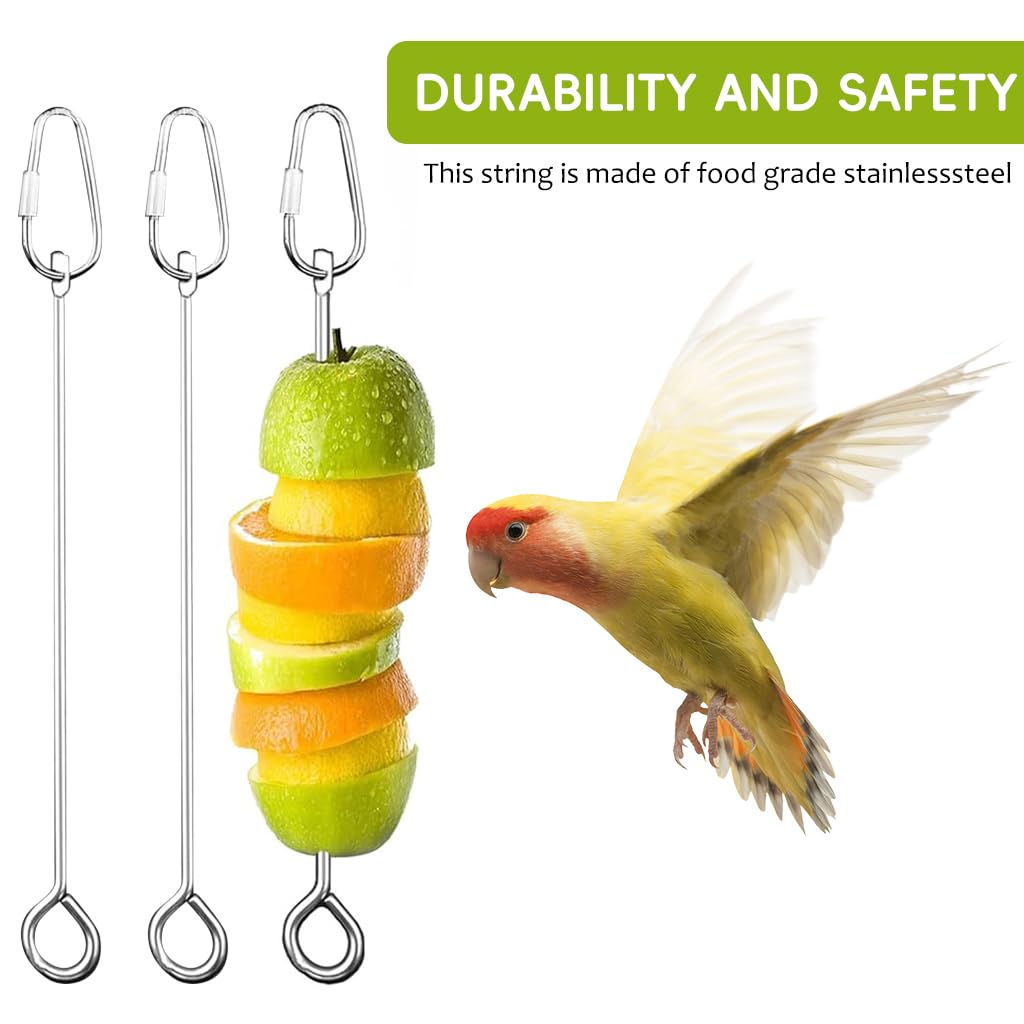 Qpets® Bird Cage Hanging Fruit Skewer, Pet Birds Parrots Fruit Skewer with Carabiner, Food-Grade Stainless Steel Fruit Skewer Bird Kebab Skewer for Pecking, Nibbling