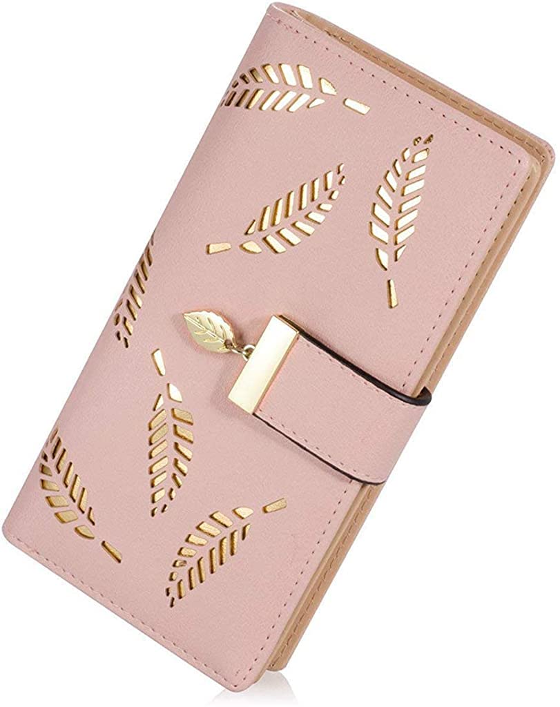 SANNIDHI® Women's Leather Wallet Hollow Leaf Pattern Bifold Long Wallet (Pink)