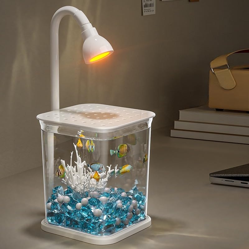 Qpets® Betta Fish Tank, Ventilated Roofed Clear Small Fish Tank with LED Light, Romantic Blue Pebble Faux Pearl Coral Ornaments
