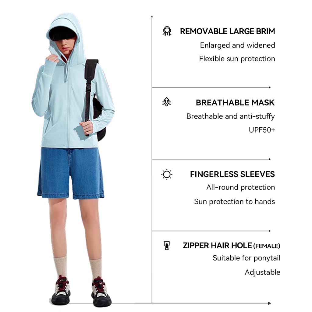 Venzina Women’s UPF 50+ Sun Protection Jacket for Hiking with Detachable Brim Hood | Lightweight Blue UV Hoodie Featuring Thumbholes and Zip Pockets