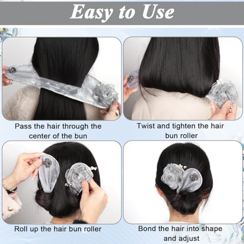 PALAY Hair Buns for Women and Girls Magic Bun Maker Hair Flawless French Hair Bun Accessories Elegant Floral Pearl Hair Bun Clips Headpiece Hair Accessories for Women Birthday Gift - White