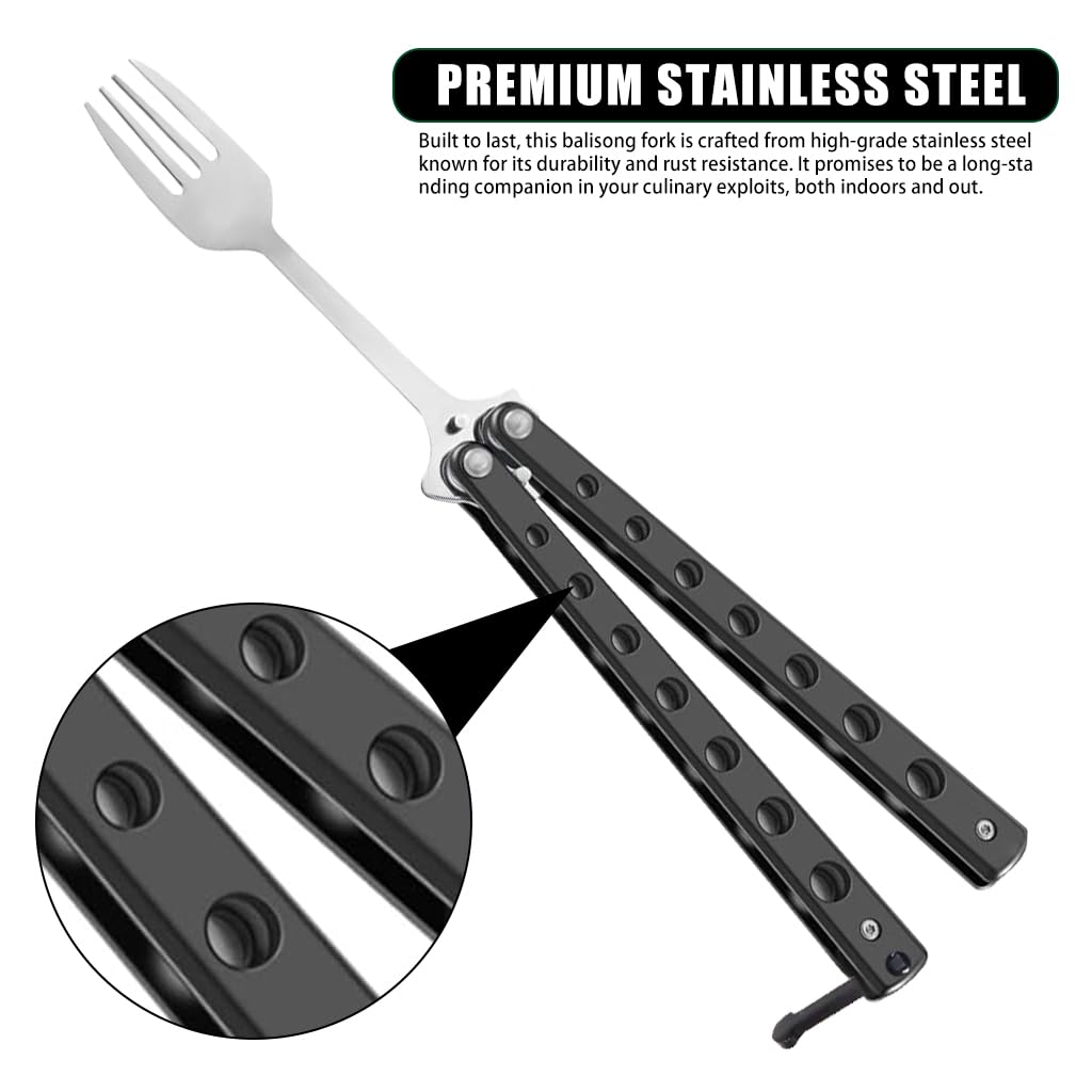 Proberos Balisong Fork for Camping and Travel featuring Folding Handle | Stainless Steel Cutlery