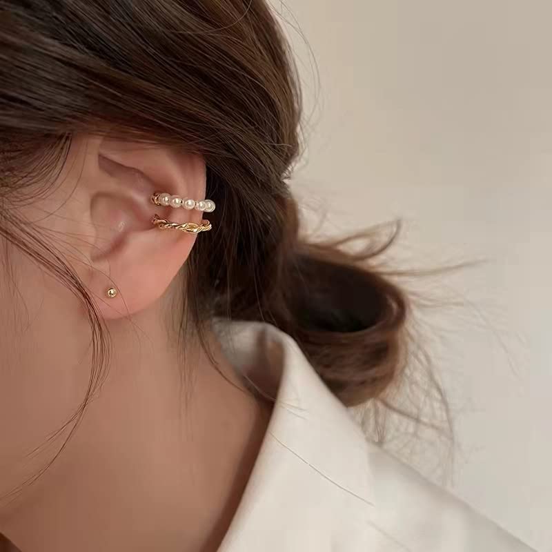 Zibuyu Pearl Braided Ear Cuffs for Women with Twisted Gold Pattern | 2PCS Non Piercing Jewelry