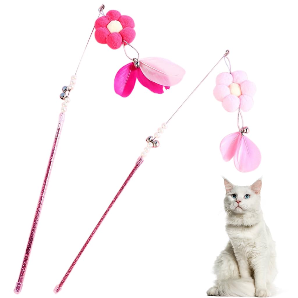 Qpets Cat Toys for Interactive Play with Flower Feather Wand and Bell | 2 pcs Red and Pink