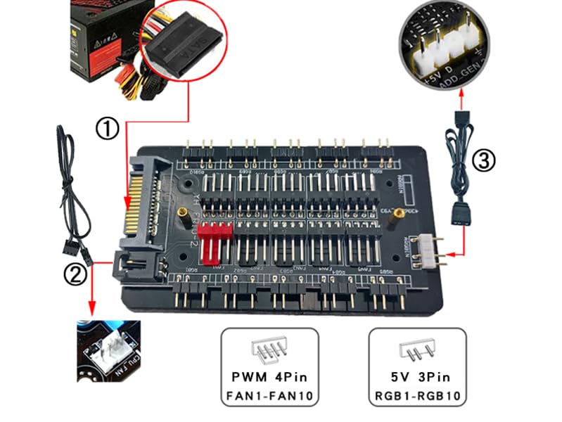 Verilux® ARGB and PWM Fan HUB, 10 Ports for Addressable RGB Lighting, 1 to 6 Multi Way backplane Splitter 5V/3PIN Case Fan Hub Adapter, 3-Pin PC PWM Fan Hub CPU Cooling HUB Controller Fan Hub Splitter