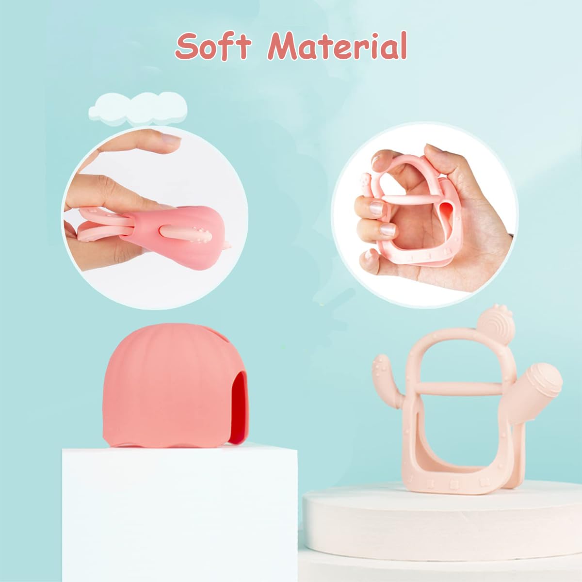 SNOWIE SOFT Penguin Shape Silicone Teether for Babies 3+ Months with Easy Grip Handle | BPA Free Pink Soothing Gum Relief