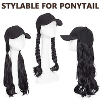 MAYCREATE® Baseball Cap with Hair Extensions for Women, Adjustable Wavy Hair Wig Cap for Girls, Black K-pop Style Hat with 24in Long Synthetic Wig Attached