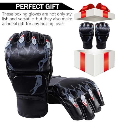 Proberos® Black Print Boxing Gloves 2PC with Adjustable Wristband, Breathable Fingerless MMA Gloves for Boxing, Muay Thai, Sparring, Training, Punching Bag, Durable PU Material (23x12cm)