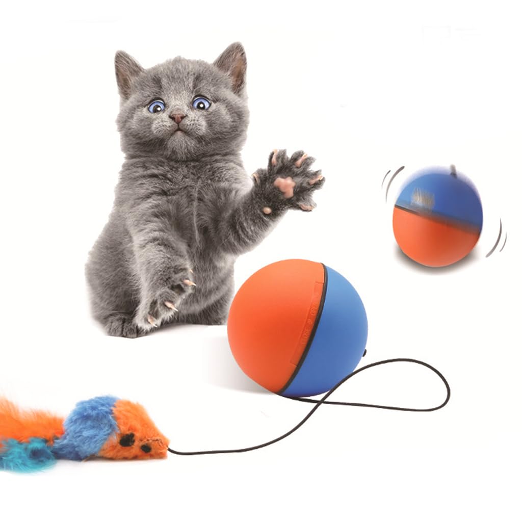 Qpets® Cat Ball Toy, Cats Teasing Toy Ball Cat Chasing Chew Ball Toy with Feather Tail, Electric Random Turn Grinding Toy Indoor Self-Entertainment Cat Toy(Not Included Battery)