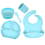 SNOWIE SOFT® 5pcs Silicone Tableware Kit for Baby Foodgrade Silicone Tableware Kit Baby Plate & Bowl with Sucker,Cup,Spoon,Bib Food Grade Silicone BPA-Free Dishwasher & Microwave Safe Baby Product