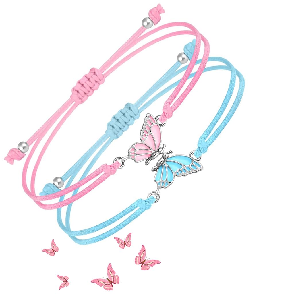 ZIBUYU Friendship Bracelets Butterfly Charm Bracelets Adjustable Rope Bracelets for Girls BFF Bracelets Fashion Pink & Blue Friendship Bracelets Jewelry Gifts for Girls, Friends, Sisters