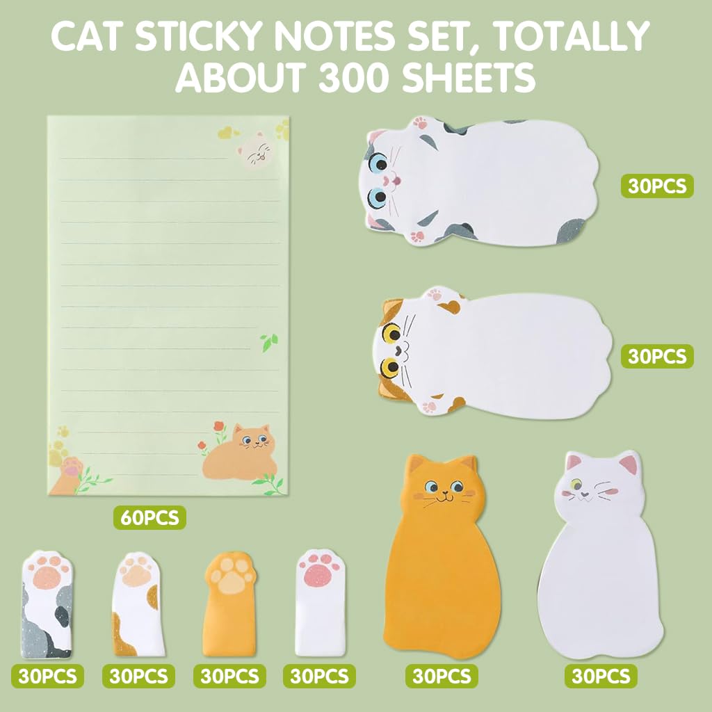 HASTHIP Cat Sticky Notes Set for School and Office featuring 300 Sheets | Reusable Self-Adhesive Pads