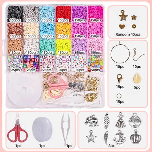 SANNIDHI® 3200+ Clay Beads for Bracelet Making Kit Flat Polymer Kids Activity Alphabet Heart Smile Face Set Girls Women DIY Craft Birthday Christmas Gift 3 PCS