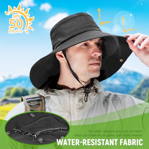 Proberos® UPF50+ Sun Hat for Men Women Lightweight Quick-Dry Booney Hat with Breathable Mesh Wide Brim Chin Strap Waterproof UV Protection for Fishing Hiking Travel Outdoor Adventures 3PCS Black