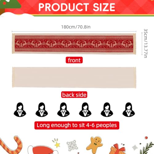 HASTHIP® Christmas Table Runner 35x180cm Festive Red Elk Snowflake Pattern Table Cloth Tassel Edge Design,Waterproof Cotton and Linen Christmas Runner for Party,Gathering