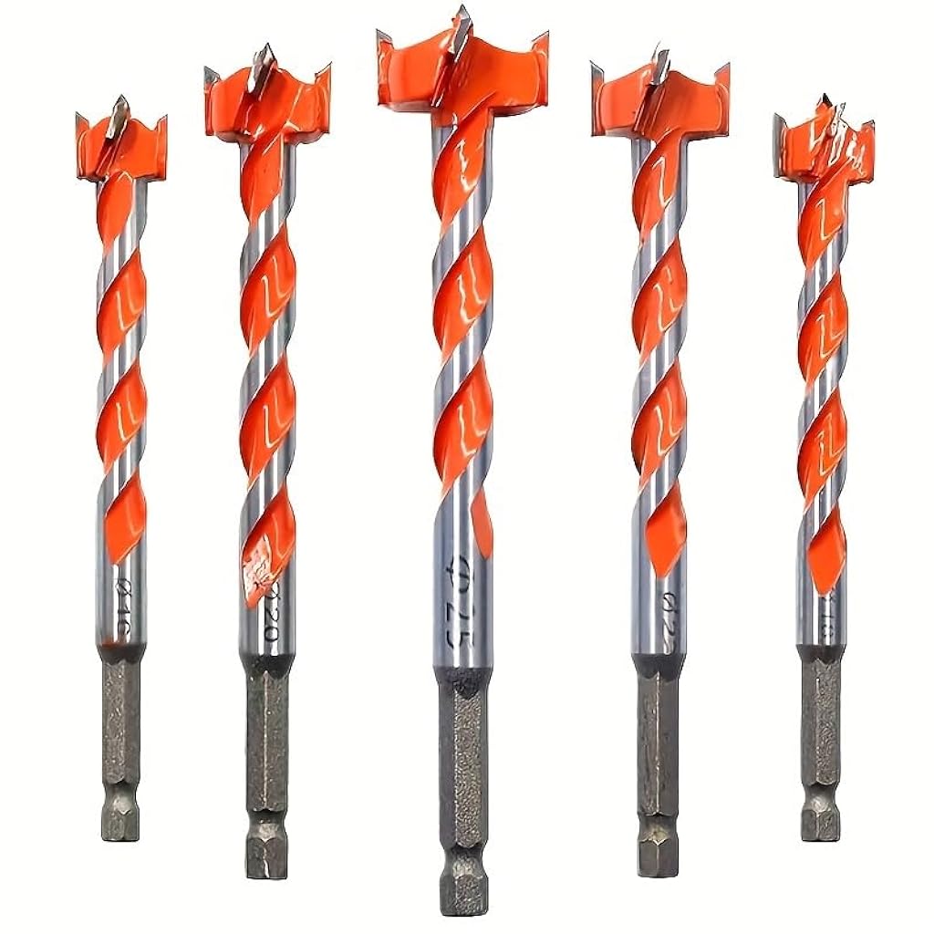 Serplex® 5Pcs Alloy Long Threaded Drill Bit - Woodworking Hole Opener with Hexagonal Shank for Extended Length - Suitable for Drilling Holes in Wood Doors, Locks and Plastics Using Electric Screws