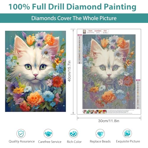 HASTHIP® Enchanting White Cat 5D Diamond Painting Kit Includes Colorful Diamonds Tools Accessories Suitable for Home Leisure Wall Decoration Ideal for Adults Kids 12x16inch 3 PCS