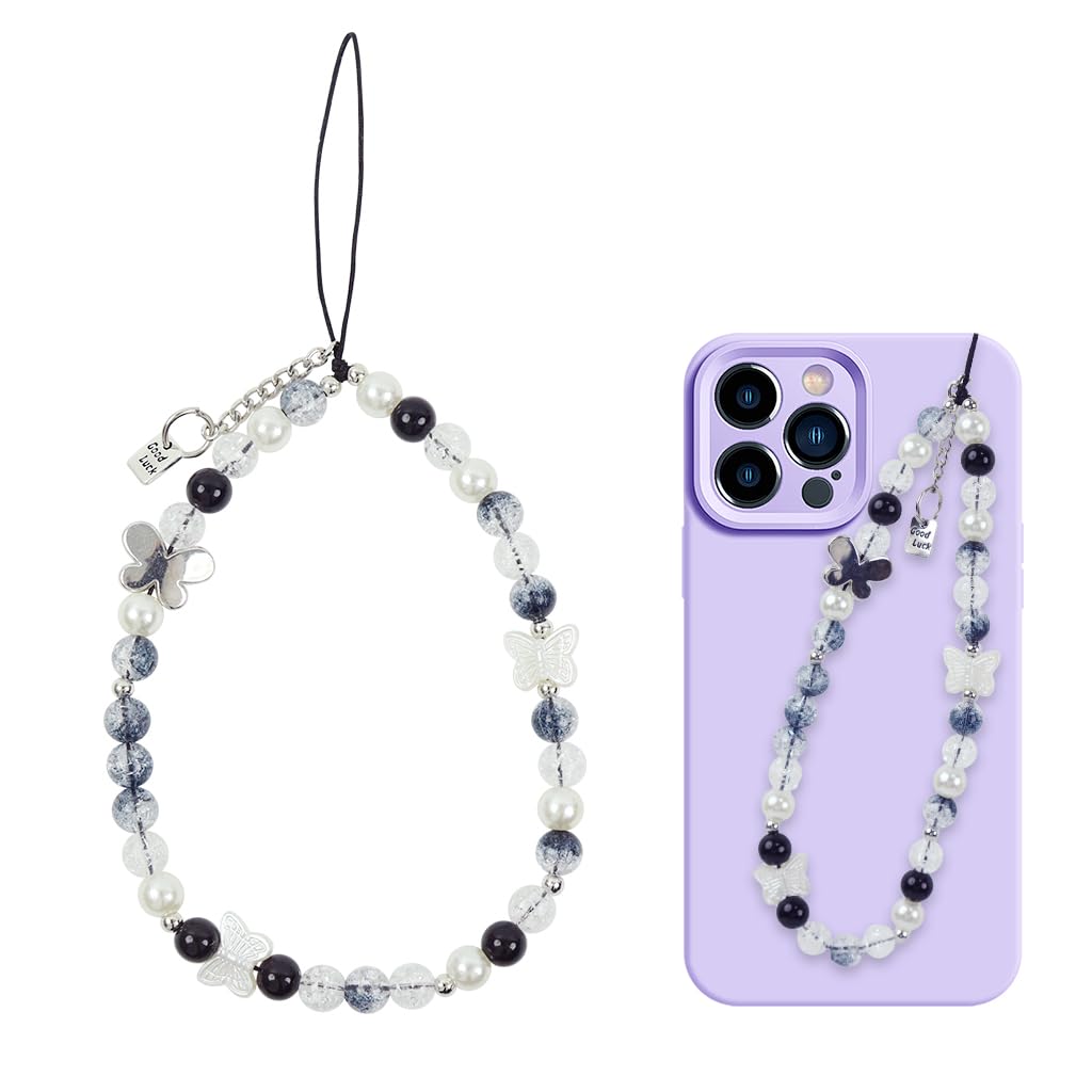 ZIBUYU Fashion Phone Lanyard Butterfly Black and White Beaded Phone Lanyard for Girls Acrylic Beaded Phone Lanyard Anti-slip Phone Lanyard Chic Phone Ornament Lanyard