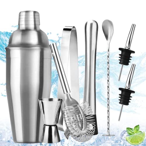 HASTHIP® Cocktail Set 8Pcs Cocktail Shaker Set Drink Mixer, 304 Stainless Steel Portable Bartender Kit with Cocktail Shaker 26oz, Mixing Spoon Bar Accessories for Home Bar Beginner Bartenders