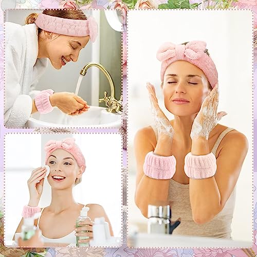 MAYCREATE® Face Wash Headband & Wristband Set, Soft Stretchy Bowknot Headband for Women Girls, Flannel Super Absorbent Sweat Wrist Towel Band for Washing Face, Makeup, Yoga, Fitness (Pink)