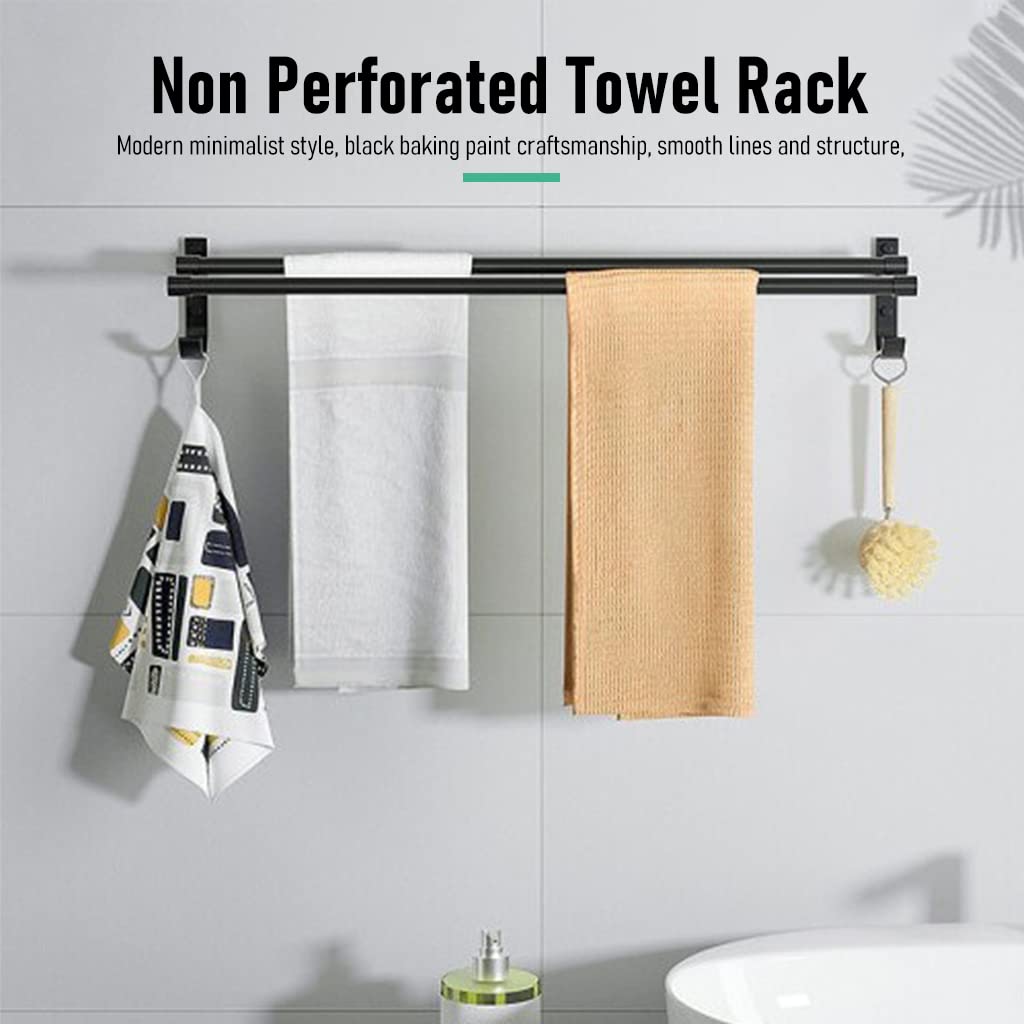 HASTHIP® 15.7 Inch Aluminum Bathroom Towel Rack Towel Rod Towel Hanger Towel Bar Bath Accessories, Double-Pole Towel Stand with Hooks, Rustproof Towel Storage Wall Mount for Bathroom Lavatory (Black)