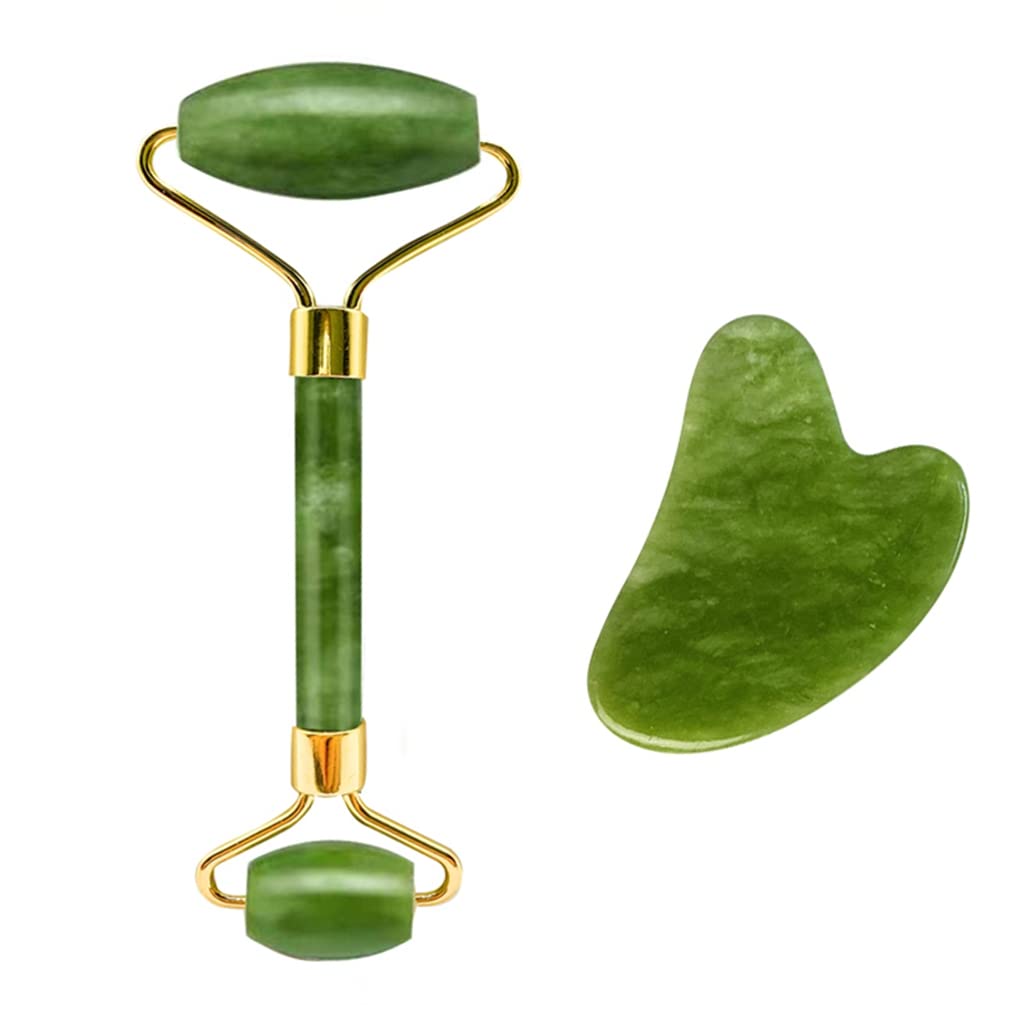 MAYCREATE Jade Roller and Gua Sha Set with Dual Head Roller & V Curve Board for Facial Massage