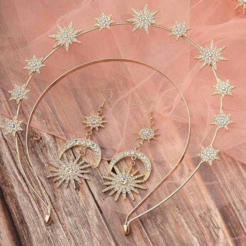 PALAY® Halo Crown for Women Queen Goddess Headband Stars Crystal Tiaras with Crescent Earrings Set, Double Layer Gold Metal Crown Hairband for Girls Party Wedding Cosplay