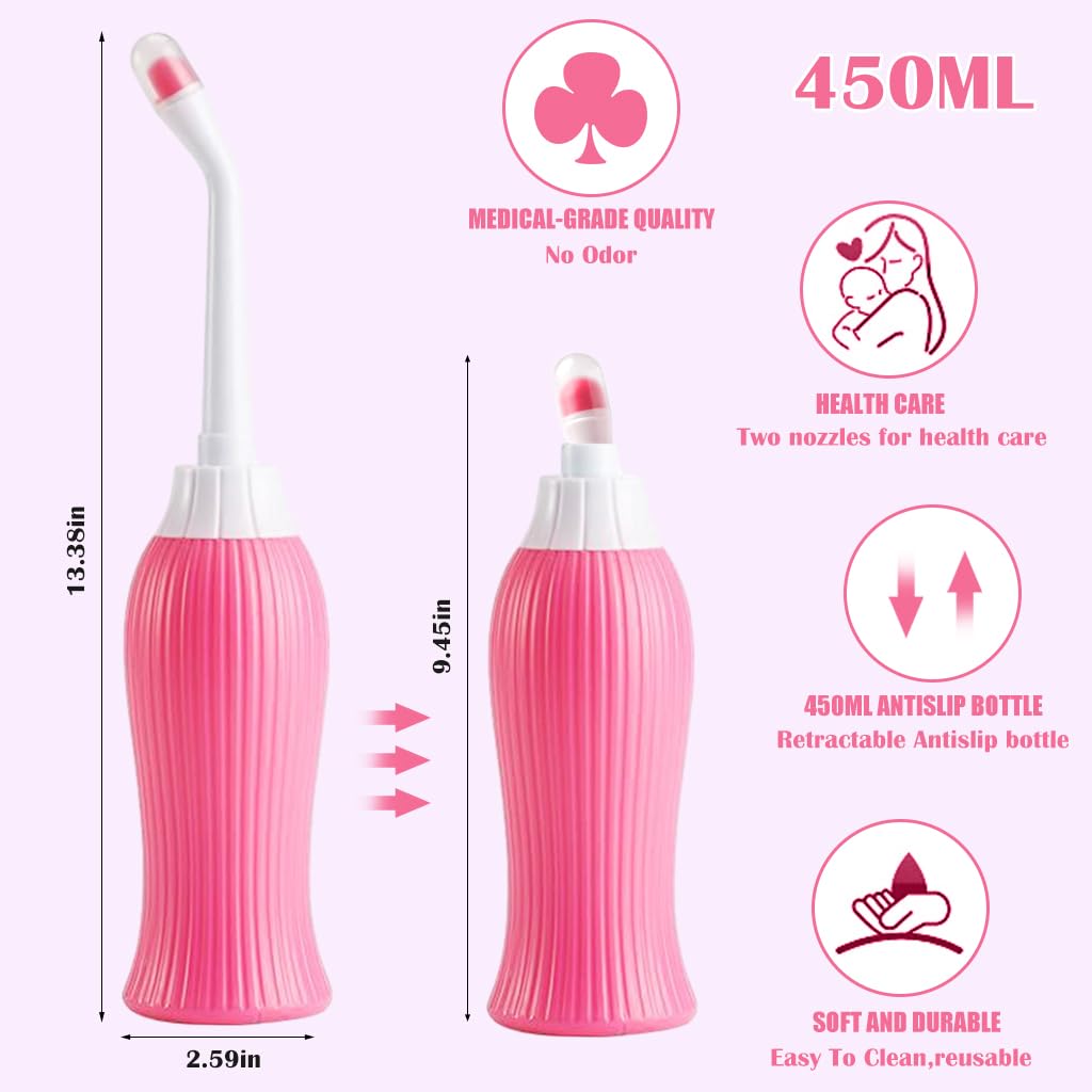 HANNEA 450ml Portable Retractable Travel Bidet for Toilet Handheld Postpartum Perineal Cleansing Childbirth Cleaner with Bag/2 Nozzles- for Outdoor,Camping,Personal Hygiene (Pink)