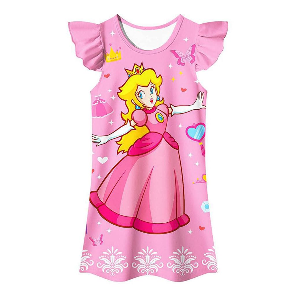 PALAY® Girls Dress Princess Peach Dress Costume for Toddler Kids, Cartoon Ruffle Sleeve Summer Homewear Dresses Silk-Feel Party Dress for Girls 5-6 Years Old Gift, Pink