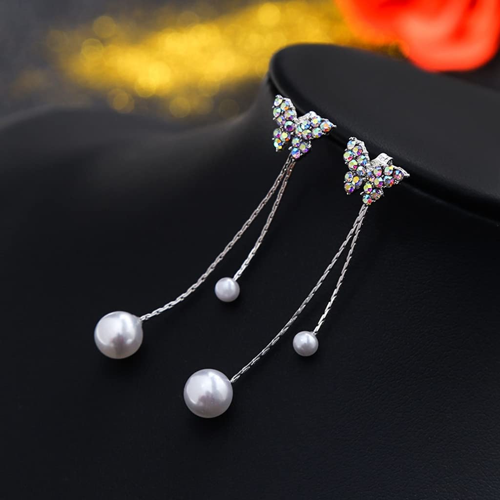 SANNIDHI Silver Earrings with Butterfly Tassel and Rhinestone Pearls for Women and Girls