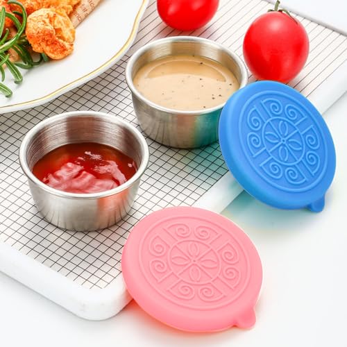 HASTHIP® 4PCS Salad Dressing Container to Go 40ML Small Containers with Lids Reusable Stainless Steel Sauce Cups for Lunch Bento Box Picnic Travel Pink Blue