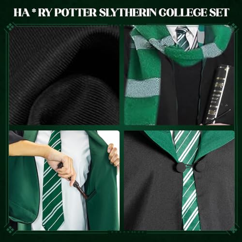 PATPAT® Nylon Harry Potter Costume Cloak Cosplay Robe for Women Men House of Slytherin Set with Tie Wand Round Glasses Magic Wizards Halloween Teens Adults M 3PCS