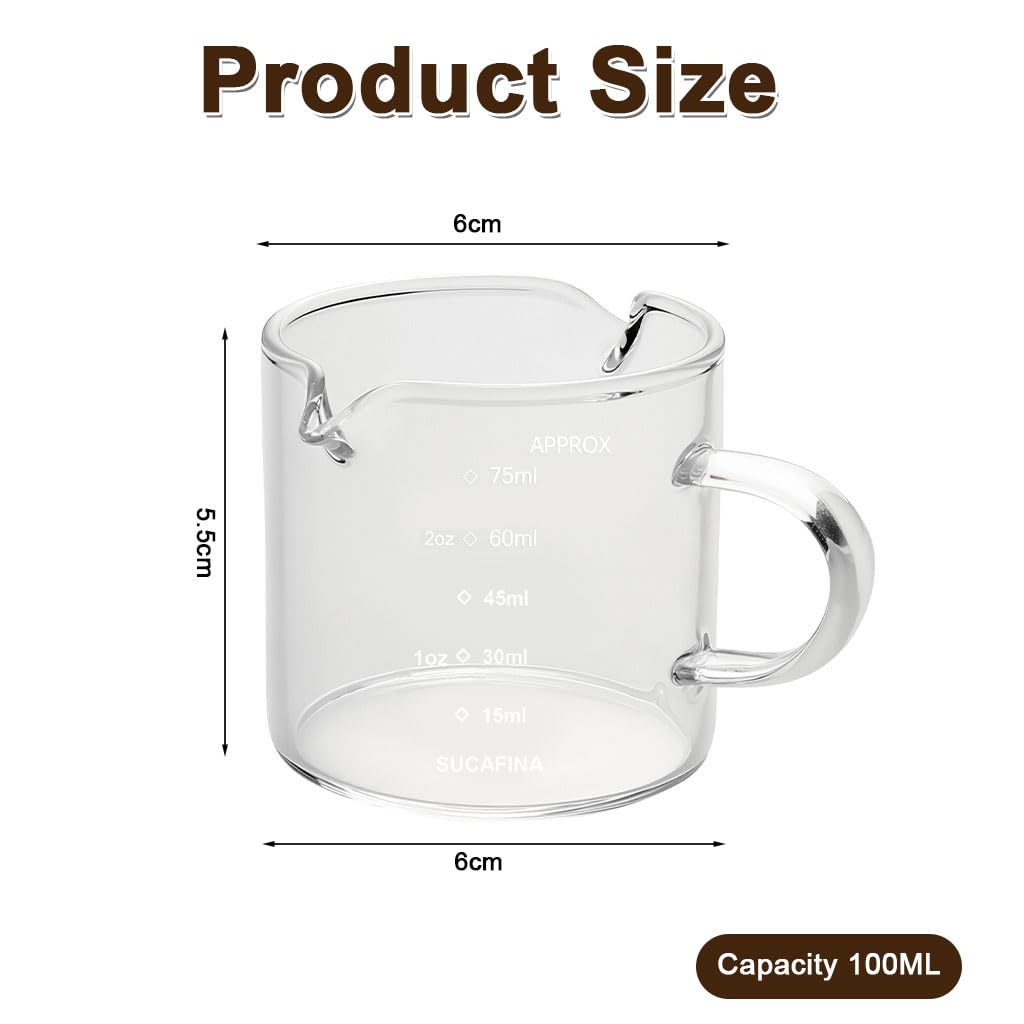 Supvox Espresso Shot Glass Set for Double Shots with Dual Side Pour Spout and Handle | 75ml Heat Resistant Borosilicate Glass