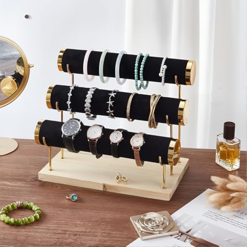 MAYCREATE® Metal Bracelet Display Rack with Wooden Base, Bracelet Holder Organizer for Watch Bangle, 3-Tier Showcase Rack Boutique Shop Display Holder