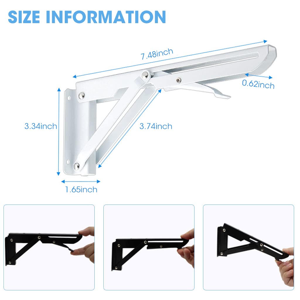 HASTHIP Foldable Shelf Bracket for Wall Shelves with 8 in Arms and Triangle Lock | White Steel 2 Pcs Set