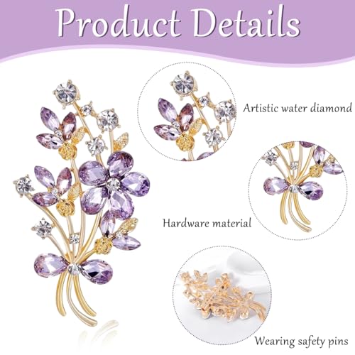 Venzina® Rhinestone Brooch for Women, Alloy Exquisite Purple Floral Brooch Wedding Brooch Stylish Women Brooch for Suits, Blouses, Dresses Gift Brooch for Women