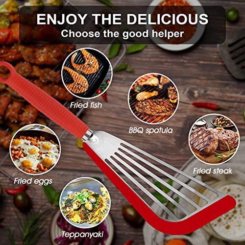 HASTHIP® Stainless Steel Fish Spatula and Silicon Oil Brush Set, Slotted Fish Turner Spatula, 12.4 inch Long Silicone Nonstick Fish Spatulas for Cookware, Anti-Scald Silicon Handle, Red