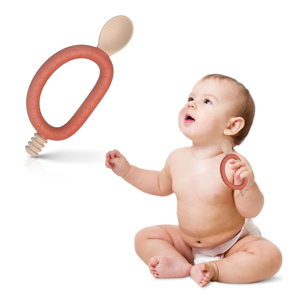 SNOWIE SOFT® Baby Spoon 2 in 1 Baby Spoon Teether Spoon Feeding Spoon Innovative Loop Grip Self-feeding Spoon Food Grade BPA Free Soft Silicone Spoon Heat Resistant Baby Spoon for 6 Month+, Pink