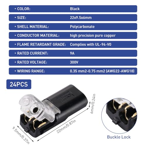 Serplex® 72PCS 2-Pin Cable Connector for 18-24AWG Wires 2 Way Universal Compact Wire Terminals Push-Type Connectors with Locking Buckle Electrical