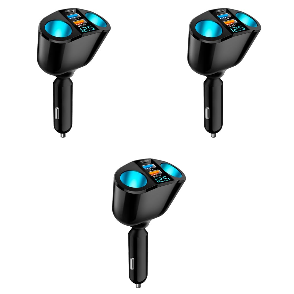STHIRA Car Cigarette Lighter Splitter for 12V 24V Vehicles with 120W Dual Sockets and QC3.0 PD Fast Charging | LED Voltage Display