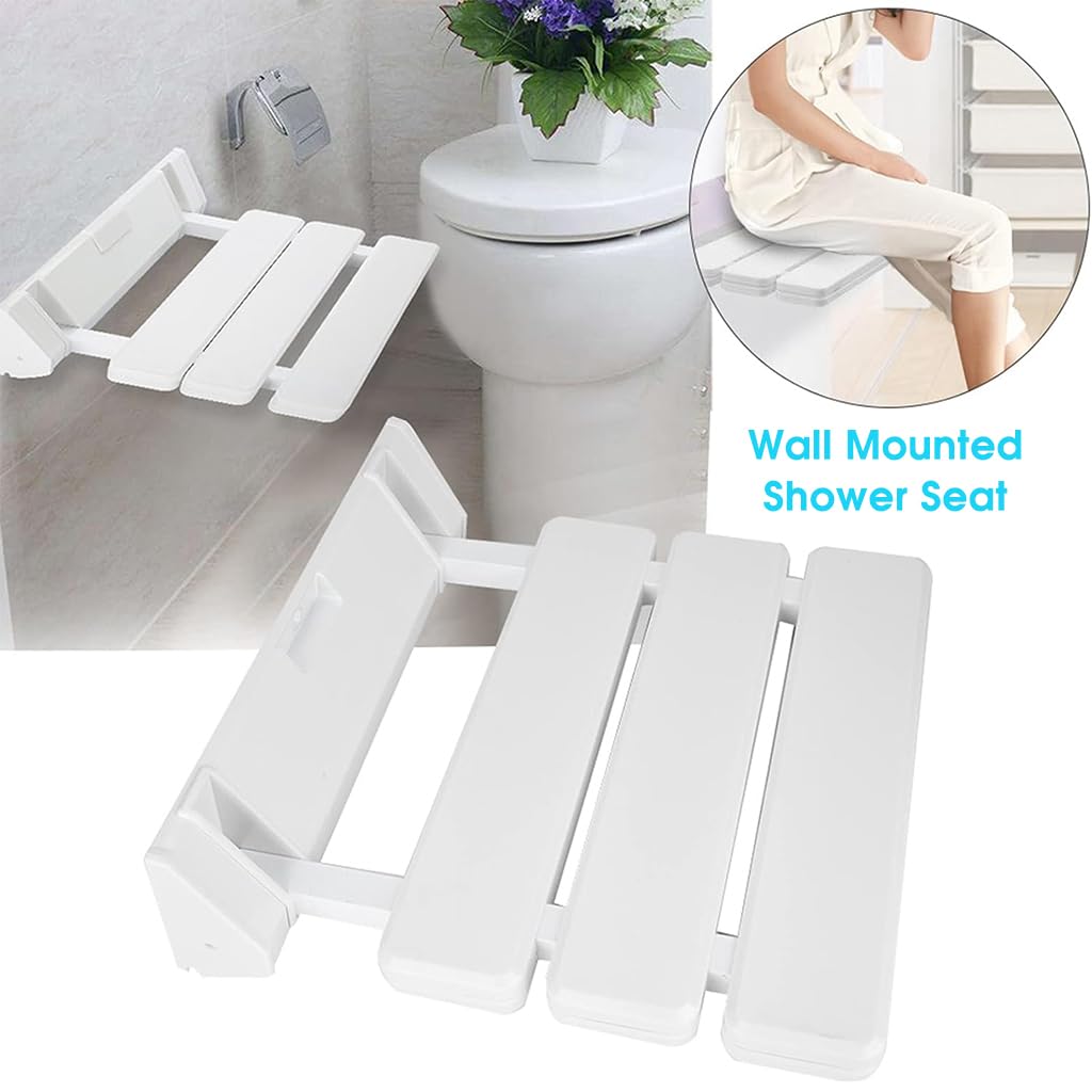 HANNEA® Folding Shower Seat Wall Mounted, ABS Durable Shower Seat for Bathroom Anti-Slip Showering Seat, Fold Down Shower Seat Shower Chair for Elderly, Kids, Pregnant(White)