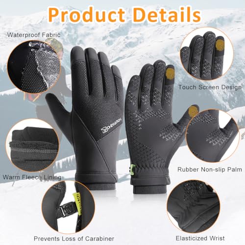 GUSTAVE® Winter Gloves for Men Ski Thermal Fleece Lined Touchscreen Compatible Anti Slip Silicone Grip Waterproof Windproof Snow Cycling Running Sports XL 2PCS