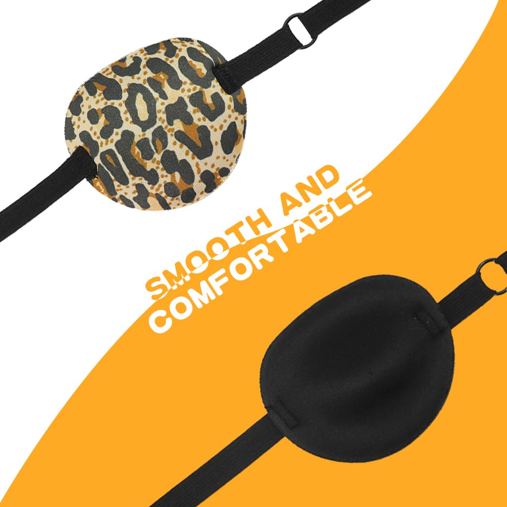 ZIBUYU Eye Patches for Lazy Eye with Adjustable Strap and 3D Soft Fabric | 2Pcs Black and Leopard Print