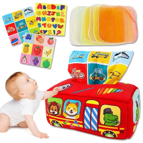 PATPAT® Soft Tissue Box Toy for Baby 6 to 18 Months Animal Bus Cloth Tissue Box Montessori Toy Crinkle Sensory Toy Activity Toy with 8Pcs Sheer Tissues & 3Pcs Double Sided Crinkle Fabric Tissues