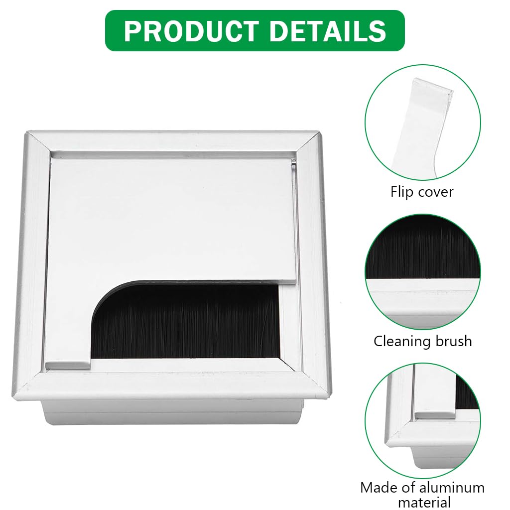 HASTHIP Desk Cable Management Hole Cover for Office Organization with Flip Lid & Brush 80x80mm Aluminium Silver