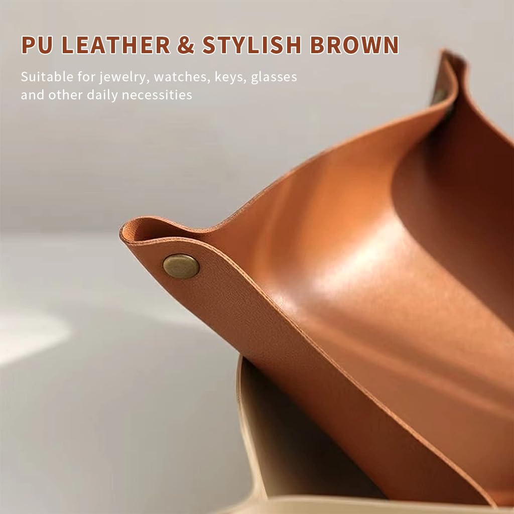 MAYCREATE Leather Valet Tray Organizer for Home and Office featuring Snap Button Corners | 3Pcs 9.8 in Brown PVC Leather Catchall