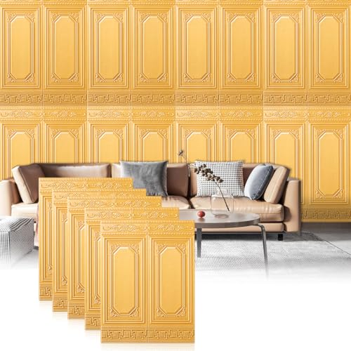 HASTHIP 5Pcs 3D Foam Wallpaper Wall Panels - Golden Vintage Embossing 3.5cm Thicken PE Foam Anti-Scratches Waterproof Self-Adhesive Wall Protector for Bedroom & Living Room, 27.56x35.43 Inches