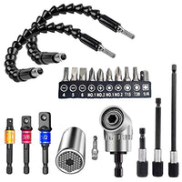 ZIBUYU® 21 pcs Flexible Drill Bit Extension Kit with 10pcs Screwdriver Bits and Drill Attachment Tools,1 by 4,3 by 8,1 by 2,Right Angle Screwdriver Drill Attachment,Universal Sockets and Adapter